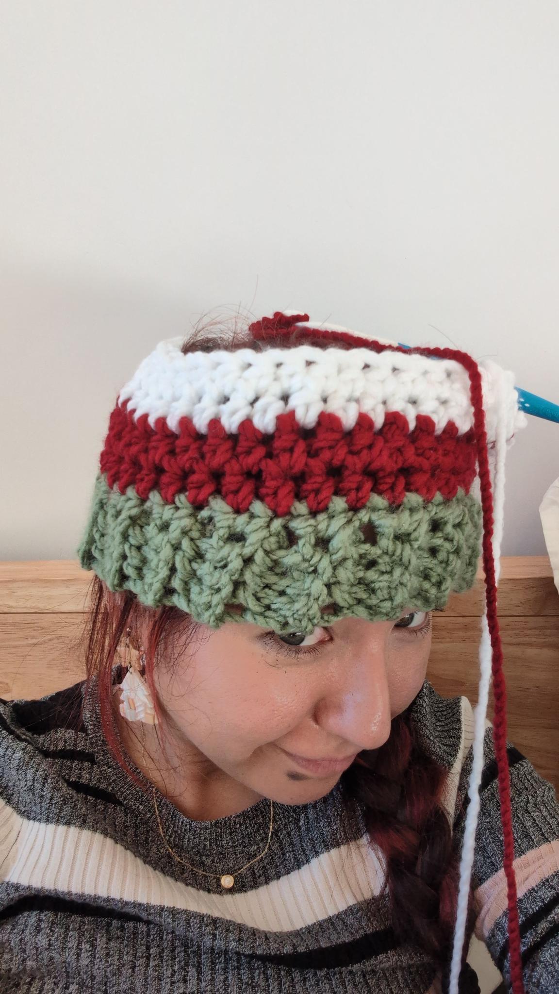 Crochet elf hat worn on child