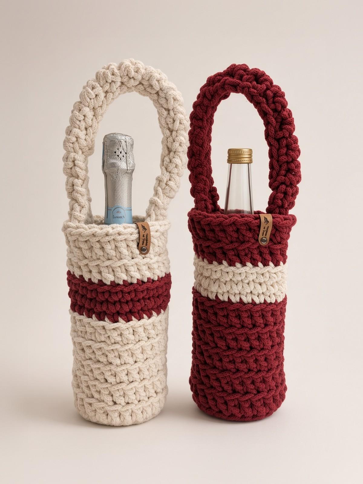 Two handmade crochet wine bottle holders in cream and burgundy